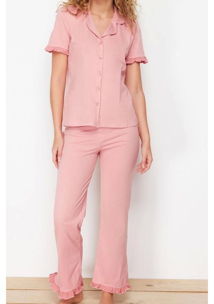 Tarz Rahat Kısa Kollu Boru Paça Pamuklu Fırfır Detaylı Örme Pijama Takımı