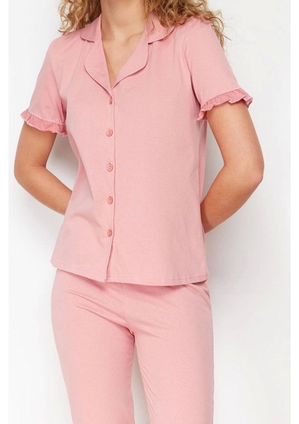 Tarz Rahat Kısa Kollu Boru Paça Pamuklu Fırfır Detaylı Örme Pijama Takımı