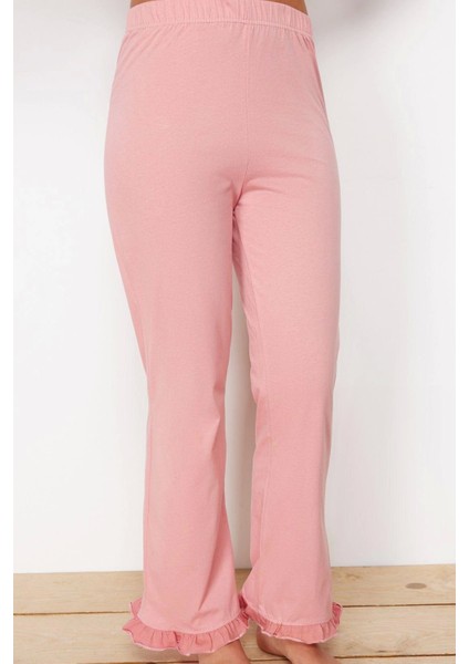 Tarz Rahat Kısa Kollu Boru Paça Pamuklu Fırfır Detaylı Örme Pijama Takımı
