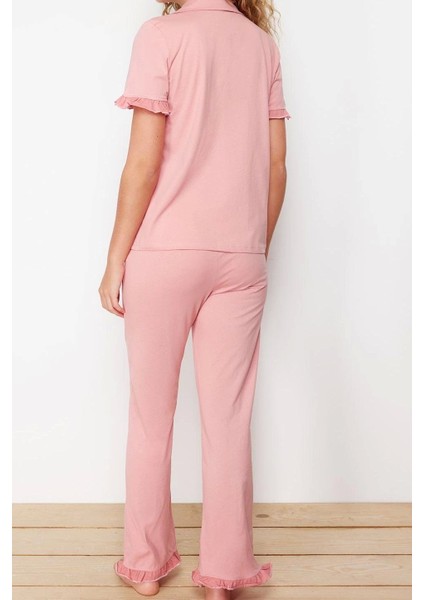Tarz Rahat Kısa Kollu Boru Paça Pamuklu Fırfır Detaylı Örme Pijama Takımı