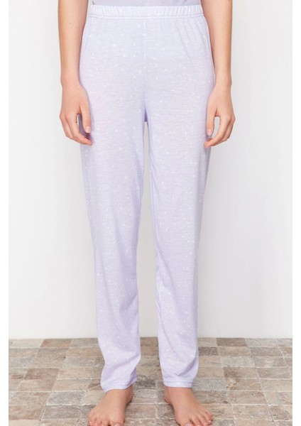 Tarz Rahat Kısa Kollu Boru Paça Pötikare ve Baskılı Örme Pijama Takımı