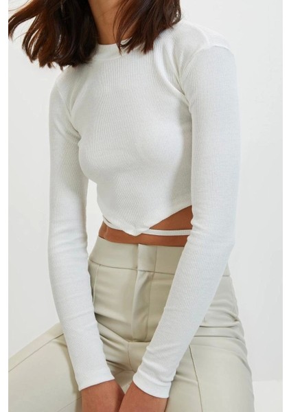 Moda Bisiklet Yaka Örme Slim Fit Düz Desen Casual Günlük Crop Uzun Kol Bluz