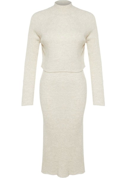 Tarz Kadın Modern Moda Yüksek Bel Geniş Paça Bisiklet Yaka Crop Basic Etekli Triko Alt-Üst Takım