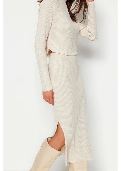 Tarz Kadın Modern Moda Yüksek Bel Geniş Paça Bisiklet Yaka Crop Basic Etekli Triko Alt-Üst Takım fırsatları