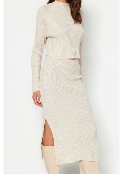 Tarz Kadın Modern Moda Yüksek Bel Geniş Paça Bisiklet Yaka Crop Basic Etekli Triko Alt-Üst Takım indirimleri