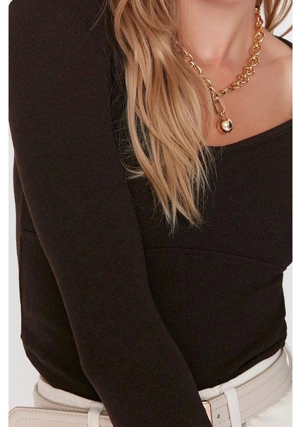 Moda Kare Yaka Örme Slim Fit Düz Desen Casual Günlük Crop Uzun Kol Bluz fiyatları