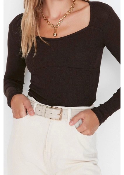 Moda Kare Yaka Örme Slim Fit Düz Desen Casual Günlük Crop Uzun Kol Bluz modelleri