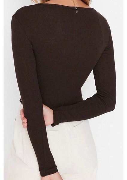 Moda Kare Yaka Örme Slim Fit Düz Desen Casual Günlük Crop Uzun Kol Bluz indirimleri