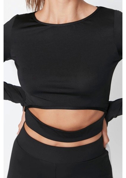 Moda Bisiklet Yaka Örme Fit Düz Desen Sportswear Crop Uzun Kol Bluz