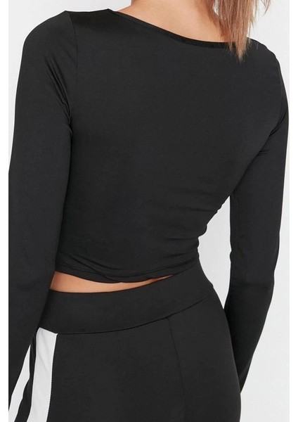 Moda Bisiklet Yaka Örme Fit Düz Desen Sportswear Crop Uzun Kol Bluz modelleri