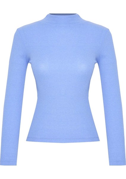 Moda Dik Yaka Örme Slim Düz Desen Casual Günlük Regular Uzun Kol Bluz