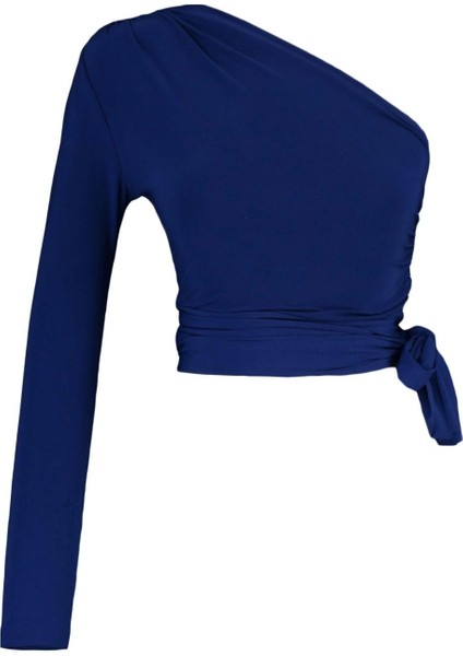 Moda Asimetrik Yaka Örme Slim Düz Desen Casual Günlük Crop Uzun Kol Bluz