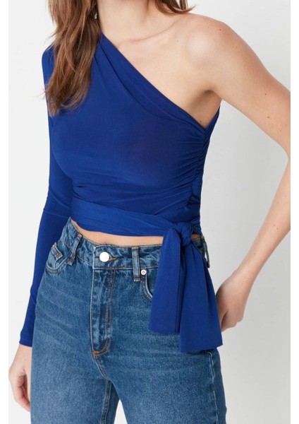 Moda Asimetrik Yaka Örme Slim Düz Desen Casual Günlük Crop Uzun Kol Bluz fiyatları
