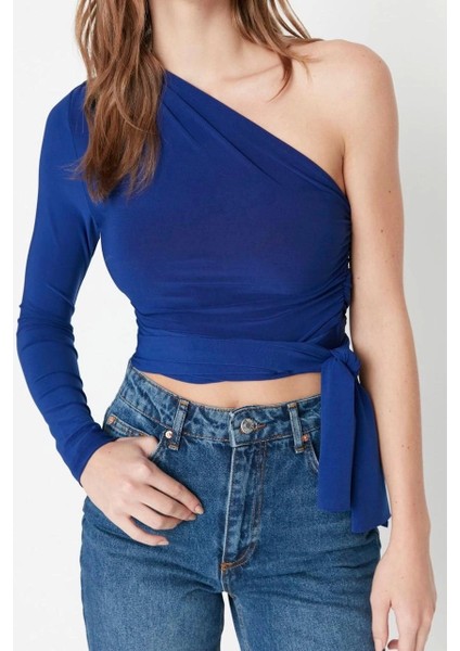 Moda Asimetrik Yaka Örme Slim Düz Desen Casual Günlük Crop Uzun Kol Bluz modelleri