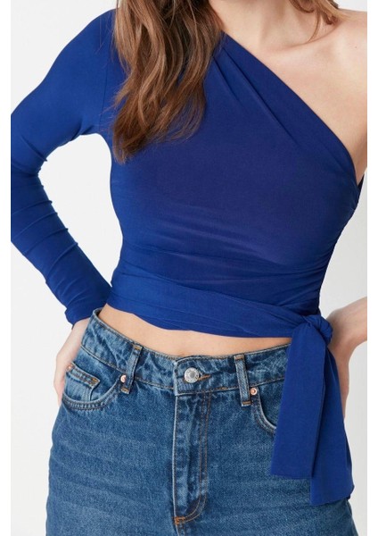Moda Asimetrik Yaka Örme Slim Düz Desen Casual Günlük Crop Uzun Kol Bluz fırsatları