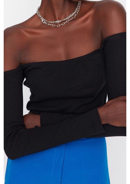 Moda Carmen Yaka Örme Slim Düz Desen Casual Günlük Super Crop Uzun Kol Bluz modelleri