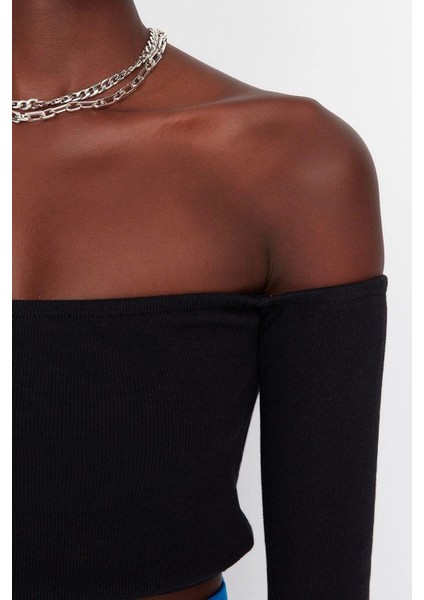 Moda Carmen Yaka Örme Slim Düz Desen Casual Günlük Super Crop Uzun Kol Bluz indirimleri