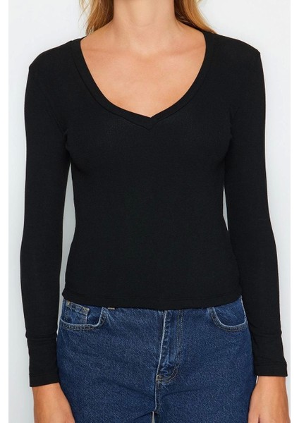 Moda V Yaka Örme Slim Düz Desen Casual Günlük Regular Uzun Kol Bluz