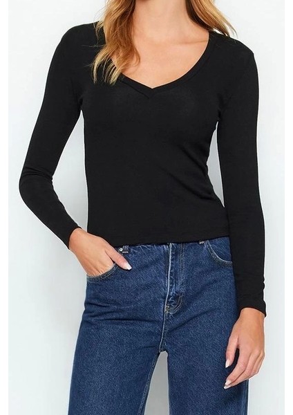 Moda V Yaka Örme Slim Düz Desen Casual Günlük Regular Uzun Kol Bluz modelleri