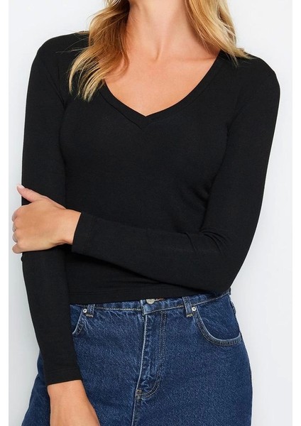Moda V Yaka Örme Slim Düz Desen Casual Günlük Regular Uzun Kol Bluz fırsatları