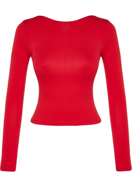 Moda Kayık Yaka Örme Slim Düz Desen Casual Günlük Regular Uzun Kol Bluz