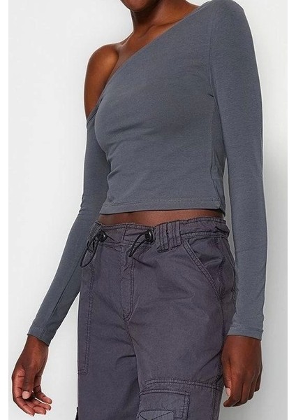 Moda Asimetrik Yaka Örme Slim Düz Desen Casual Günlük Crop Uzun Kol Bluz modelleri