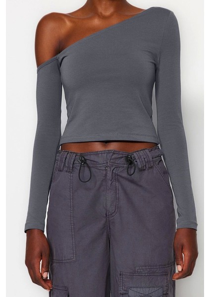 Moda Asimetrik Yaka Örme Slim Düz Desen Casual Günlük Crop Uzun Kol Bluz fırsatları