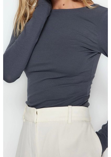 Moda Kayık Yaka Örme Slim Düz Desen Casual Günlük Regular Uzun Kol Bluz modelleri