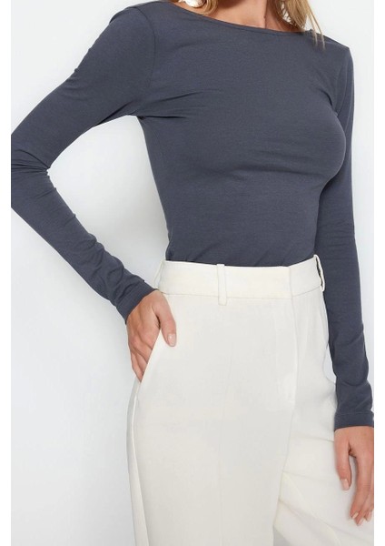 Moda Kayık Yaka Örme Slim Düz Desen Casual Günlük Regular Uzun Kol Bluz fırsatları