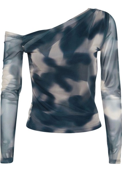 Moda Asimetrik Yaka Örme Slim Çiçekli Desen Casual Günlük Regular Uzun Kol Bluz