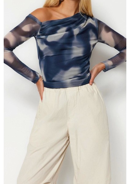 Moda Asimetrik Yaka Örme Slim Çiçekli Desen Casual Günlük Regular Uzun Kol Bluz