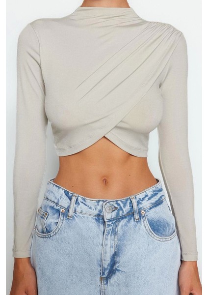 Moda Dik Yaka Örme Slim Düz Desen Şık Gece Crop Uzun Kol Bluz fırsatları