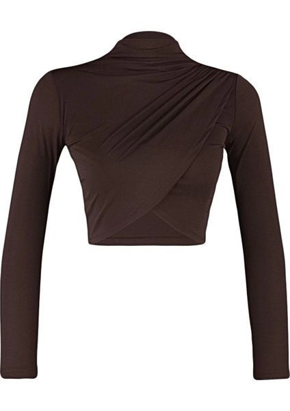 Moda Dik Yaka Örme Slim Düz Desen Şık Gece Crop Uzun Kol Bluz