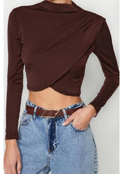 Moda Dik Yaka Örme Slim Düz Desen Şık Gece Crop Uzun Kol Bluz fiyatları