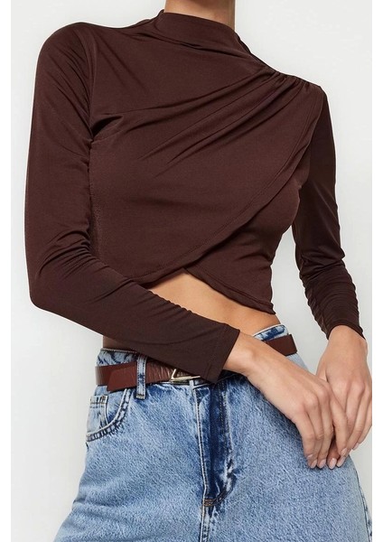Moda Dik Yaka Örme Slim Düz Desen Şık Gece Crop Uzun Kol Bluz modelleri