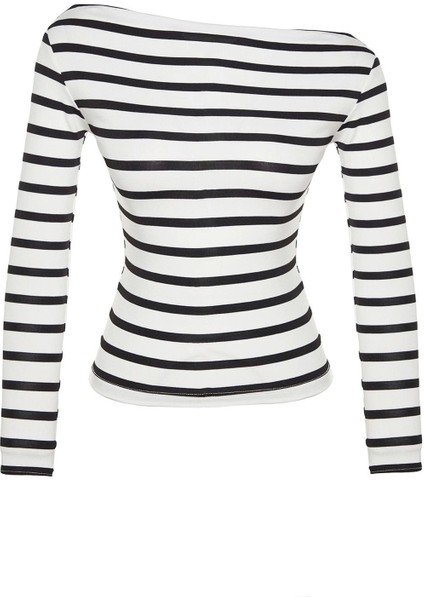 Moda Kayık Yaka Örme Slim Çizgili Desen Casual Günlük Regular Uzun Kol Bluz