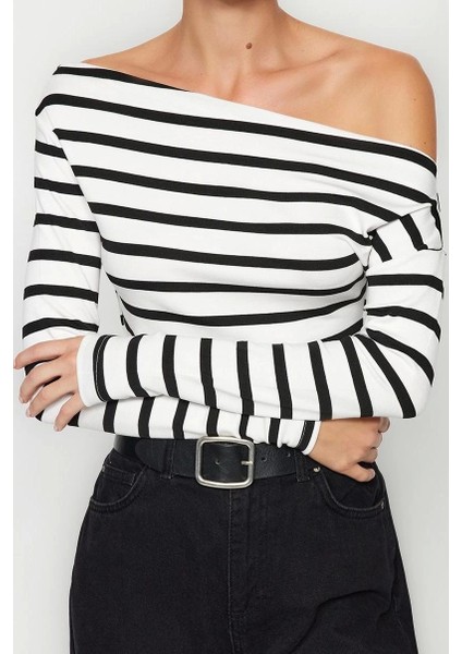 Moda Kayık Yaka Örme Slim Çizgili Desen Casual Günlük Regular Uzun Kol Bluz fiyatları