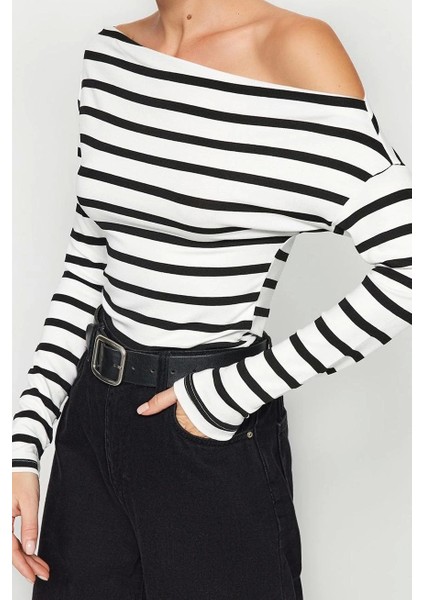 Moda Kayık Yaka Örme Slim Çizgili Desen Casual Günlük Regular Uzun Kol Bluz modelleri