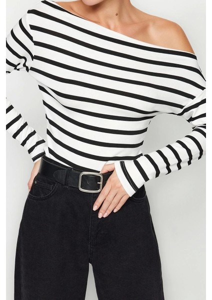 Moda Kayık Yaka Örme Slim Çizgili Desen Casual Günlük Regular Uzun Kol Bluz fırsatları