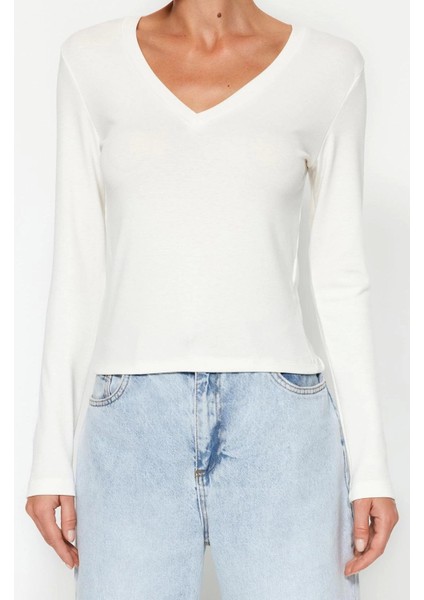 Moda V Yaka Örme Slim Düz Desen Casual Günlük Regular Uzun Kol Bluz