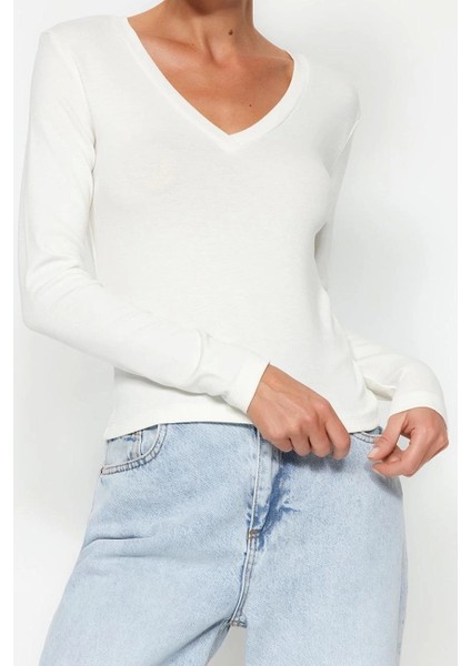 Moda V Yaka Örme Slim Düz Desen Casual Günlük Regular Uzun Kol Bluz fırsatları
