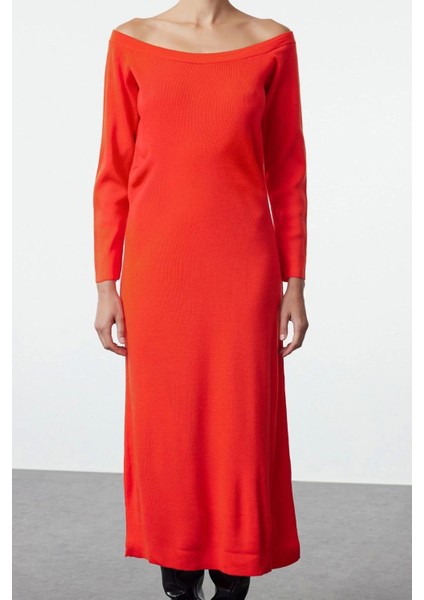 Moda Stil Regular Kayık Yaka Midi Boy Triko Elbise