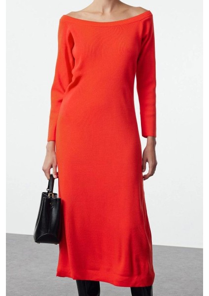 Moda Stil Regular Kayık Yaka Midi Boy Triko Elbise fiyatları