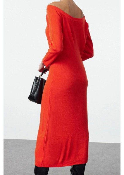 Moda Stil Regular Kayık Yaka Midi Boy Triko Elbise modelleri