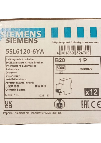 5Sl6120-6Ya 20A 1 Kutup 6Ka 230400V B Tipi Otomatik Sigor