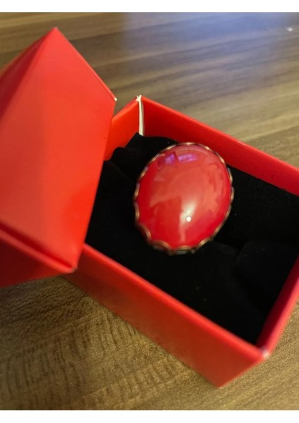 Mercan Taşlı Gümüş Renk Büyük Doğal Taş Yüzük El Yapımı