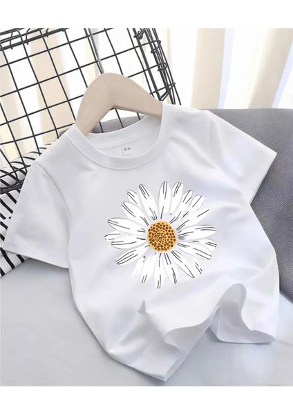 Punıx Kıds Özel Üretim Papatya Baskılı Yeni Stil Kız Çocuk Ter Tutmayan Yazlık T-Shırt