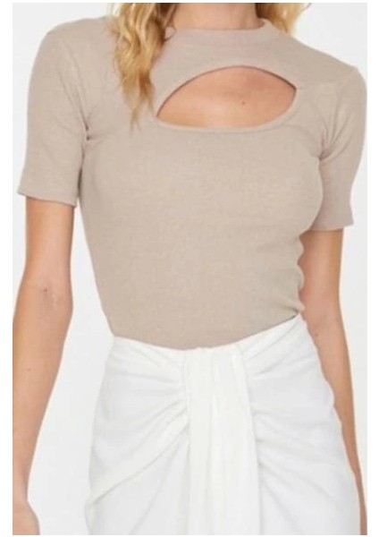 Moda Bisiklet Yaka Örme Slim Düz Desen Casual Günlük Crop Kısa Kol Bluz