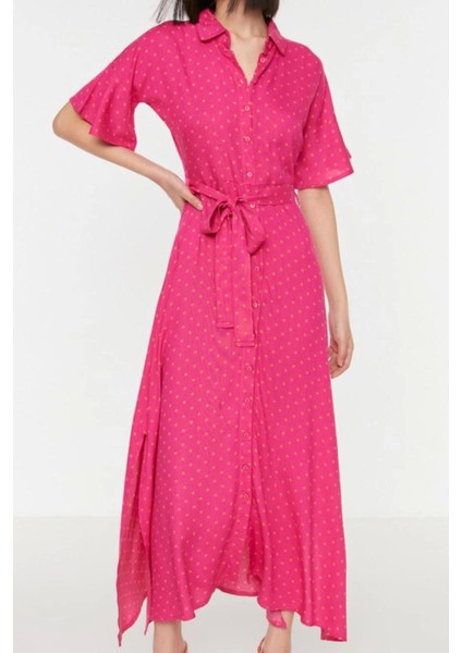 Moda Regular Casual Günlük Shally Dokuma Gömlek Yaka Kısa Kol Gömlek Elbise Midi Boy Elbise
