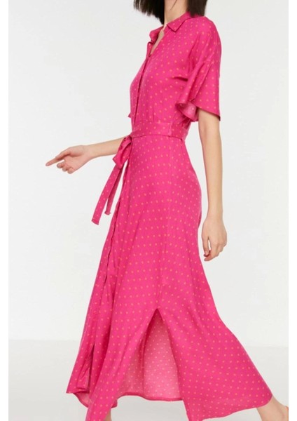 Moda Regular Casual Günlük Shally Dokuma Gömlek Yaka Kısa Kol Gömlek Elbise Midi Boy Elbise